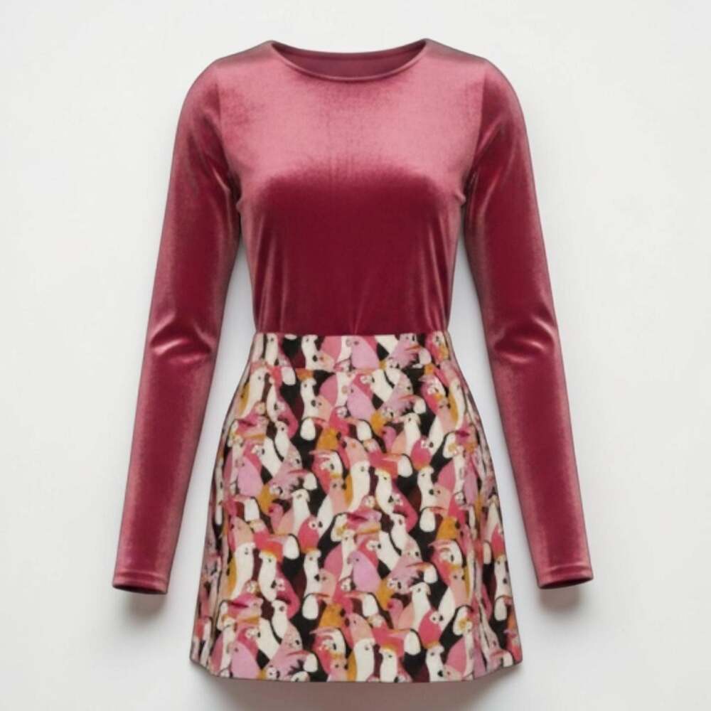 Boden Burgundy Velvet Top and Parrot Print Mini Skirt Size 4